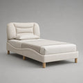 Lit simple 90 x 200 cm en tissu polyester beige crème avec tête de lit rembourrée et pieds en bois
