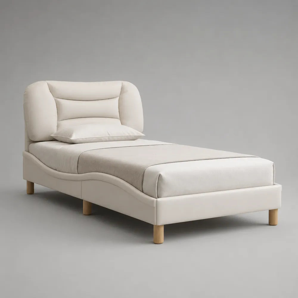 Lit simple 90 x 200 cm en tissu polyester beige crème avec tête de lit rembourrée et pieds en bois