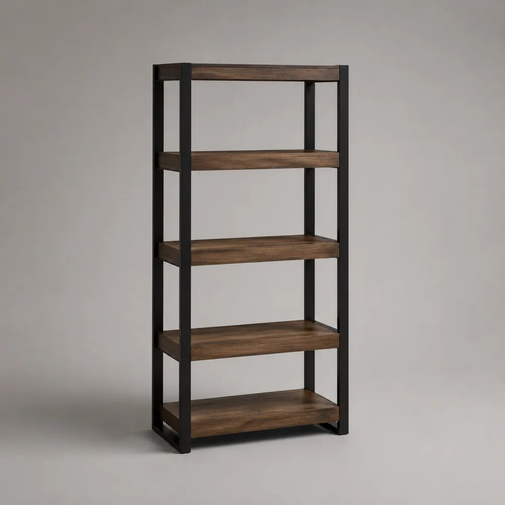 Bibliothèque 80 x 35 x 180 cm en acier noir et MDF effet bois marron avec 5 étagères