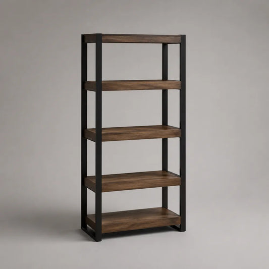 Bibliothèque 80 x 35 x 180 cm en acier noir et MDF effet bois marron avec 5 étagères