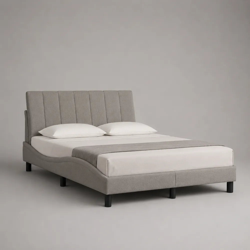 Lit double 160 x 200 cm tissu gris rectangulaire avec tête de lit rembourrée et pieds acier noir
