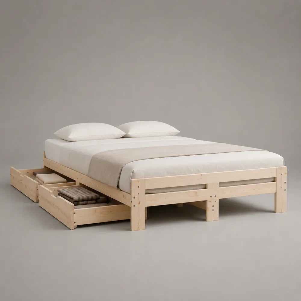 Lit double 160 x 200 cm en pin massif beige clair avec tiroirs de rangement intégrés