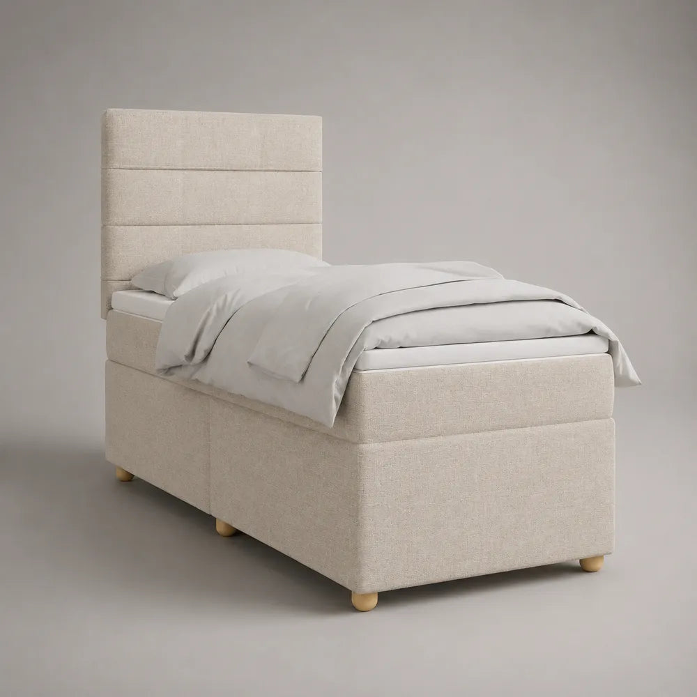 Lit adulte 90 x 190 cm tissu beige rectangulaire avec tête de lit rembourrée et pieds en bois naturel