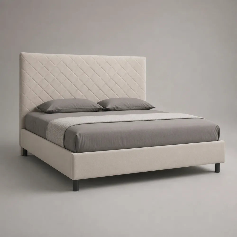 Lit double 160 x 200 cm tissu beige rectangulaire avec tête de lit rembourrée capitonnée
