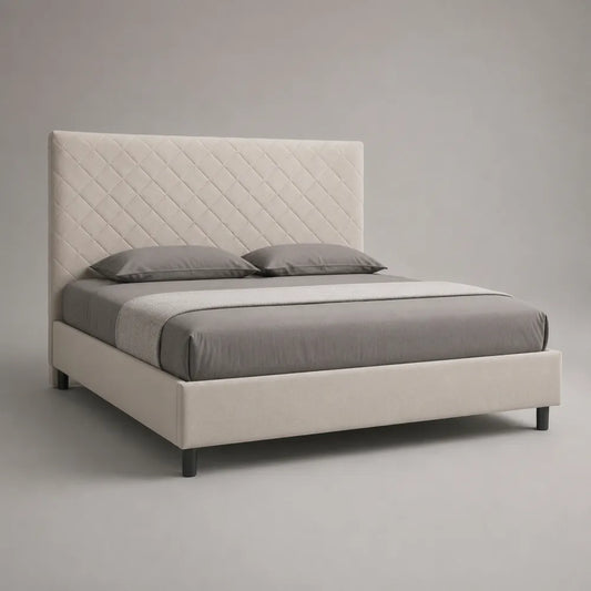Lit double 160 x 200 cm tissu beige rectangulaire avec tête de lit rembourrée capitonnée