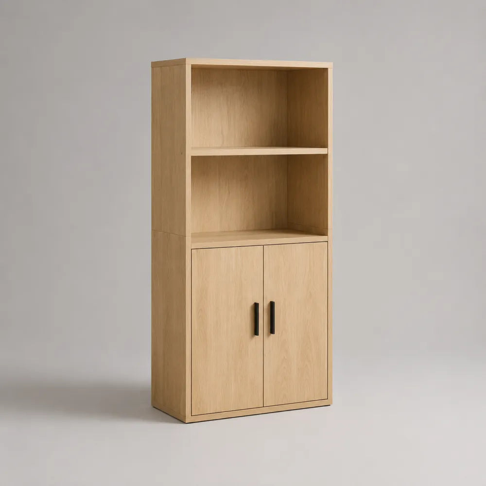 Bibliothèque 80 x 40 x 180 cm en MDF effet chêne naturel avec portes et étagères ouvertes